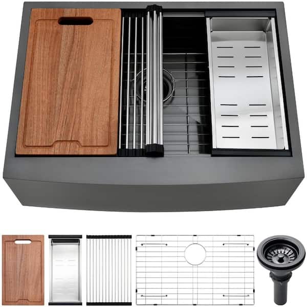 36 in. Apron-Front Workstation Single Bowl 16-Gauge Gunmetal Black Stainless Steel Farmhouse Sink with 5-Piece Kit