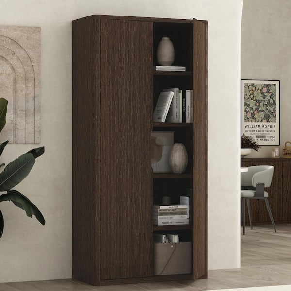 Rivington 79 in. Tall Modern Walnut Composite Wood 5-Shelf Standard Bookcase Cabinet
