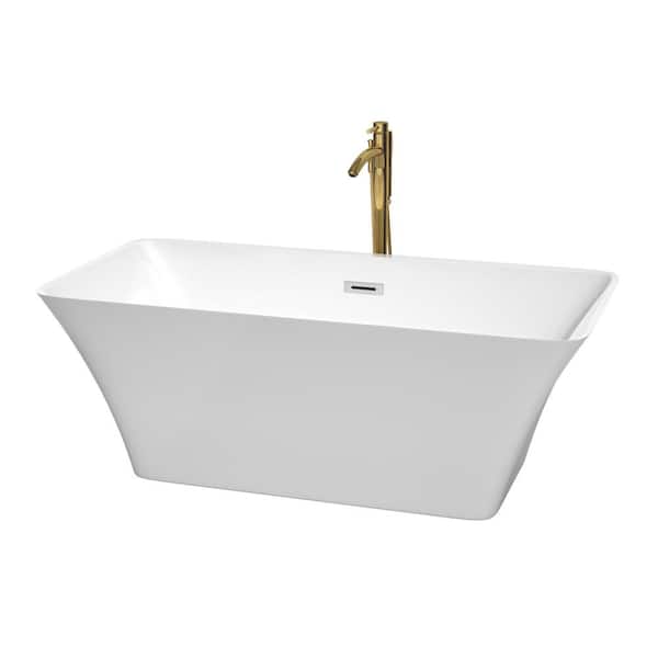 Wyndham Collection Tiffany 59 in. Acrylic Flatbottom Bathtub in White with Polished Chrome Trim and Brushed Gold Faucet