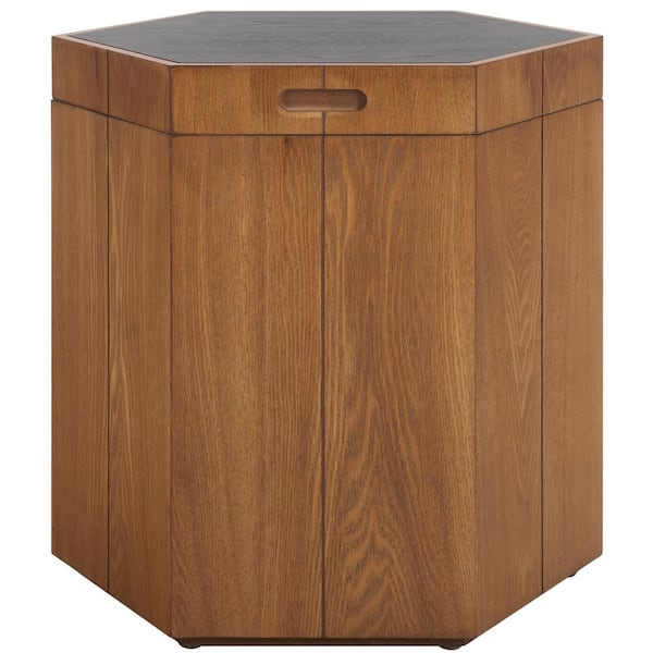 SAFAVIEH Rafaela 20 in. Walnut/Black Hexagon Wood End Table with Storage