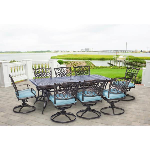 Hanover Traditions 9-Piece Outdoor Rectangular Patio Dining Set with Blue Cushions, 8 Swivel Rockers and Dining Table