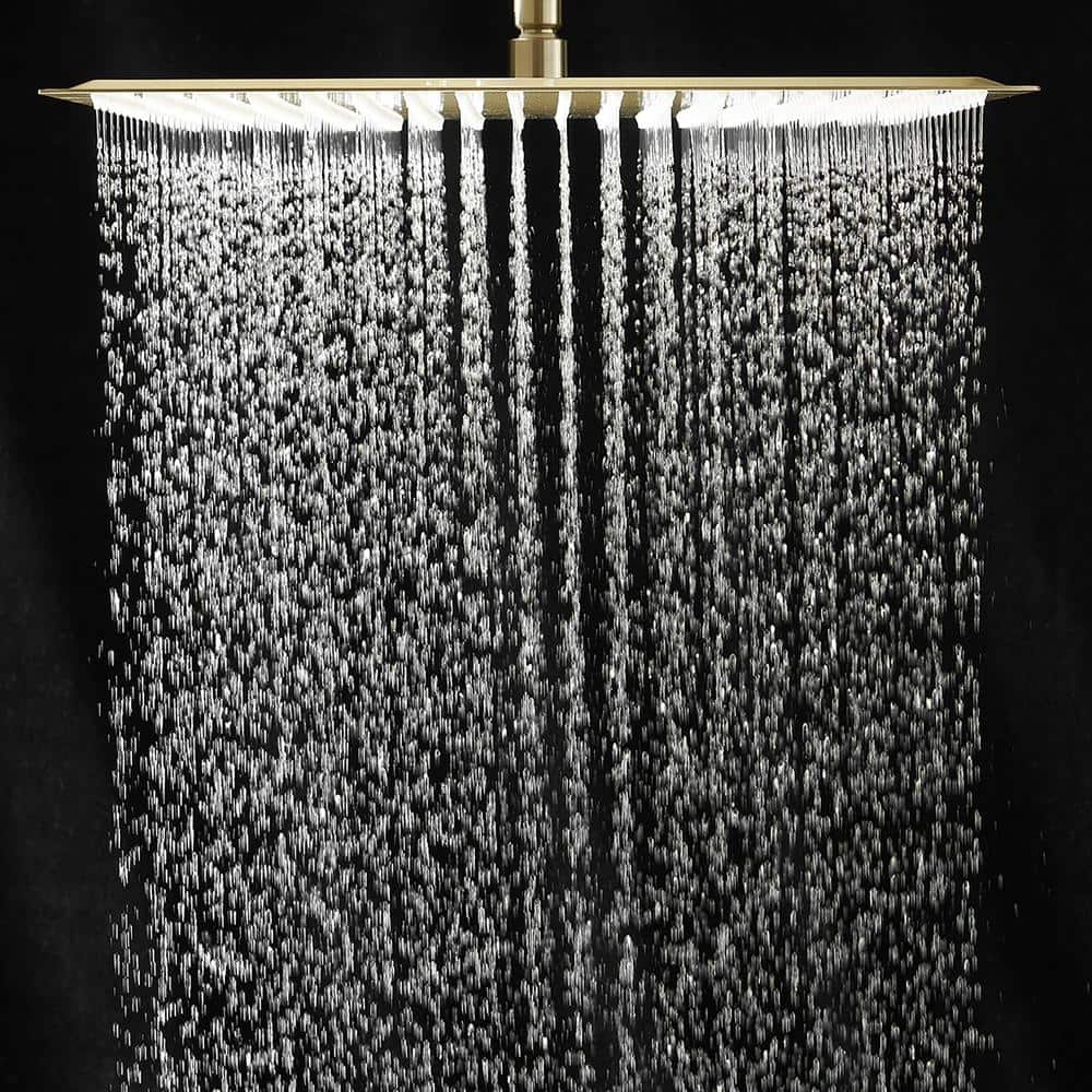 1-Spray 16 in. Single Wall Mount Square Fixed Rain Shower Head in Brushed Gold
