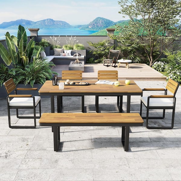 6-Piece Outdoor Dining Set, Acacia Wood, Table 4 Chairs 1 Bench, Beige Cushion