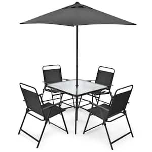 6-Piece Grey Metal Square Outdoor Dinning Sets Garden Table Set Folding Chairs & Glass Table Set w/Umbrella