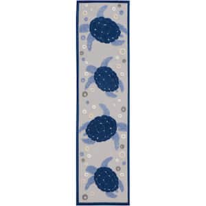 Aloha Navy Blue 2 ft. x 8 ft. Beach Sea Turtle Abstract Contemporary Indoor/Outdoor Runner Area Rug