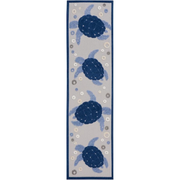 Nourison Aloha Navy Blue 2 ft. x 8 ft. Beach Sea Turtle Abstract Contemporary Indoor/Outdoor Runner Area Rug