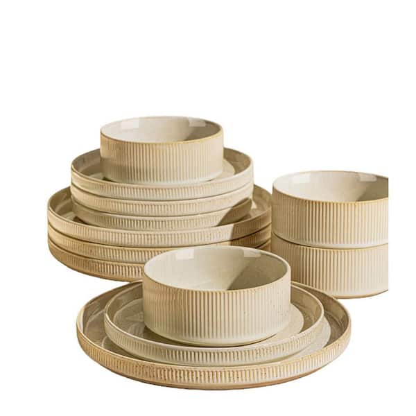 12-Piece Cappuccino Ceramic Porcelain Dinnerware Set Plates and Bowls Set Dishwasher Safe for Dining (Service for 4)