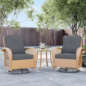 3-Piece Yellow Wicker Outdoor Rocking Chair Patio Swivel Chair with Gray Cushion and Side Table