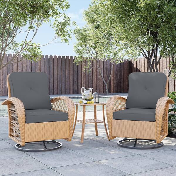 UPHA 3-Piece Yellow Wicker Outdoor Rocking Chair Patio Swivel Chair with Gray Cushion and Side Table