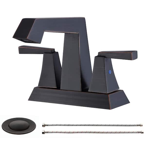 WELLFOR 4 in. Centerset Double-Handle Bathroom Faucet with Pop-Up Drain Kit in Oil Rubbed Bronze