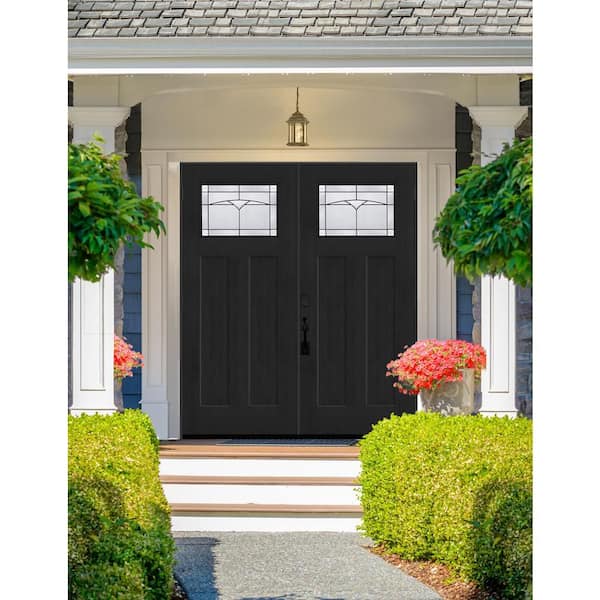 Regency 72 in. x 80 in. 1/4 TopL Horizon Glass LHOS Onyx Fir Fiberglass Double Prehung Front Door with 4-9/16 Jamb