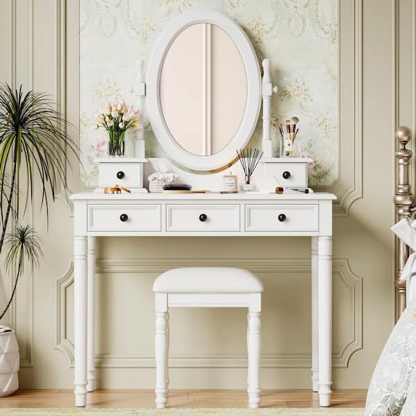2-Piece White Vintage Makeup Vanity Desk with Adjustable Angle Mirror, Cushioned Stool, 5 Drawers