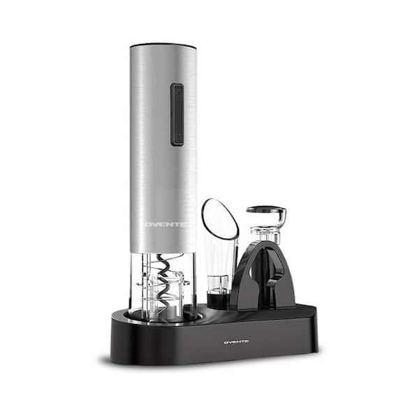 Rechargeable Wine Opener Set with Base, Foil Cutter, Pourer, Stopper-Ideal Gift for Bar & Parties, Silver