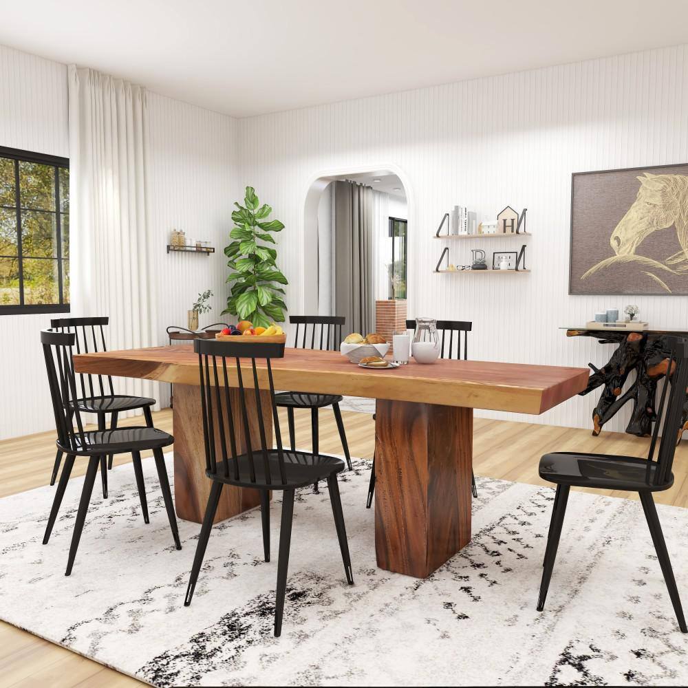 Light Brown Reclaimed Wood Live Edge Dining Table with Block Base