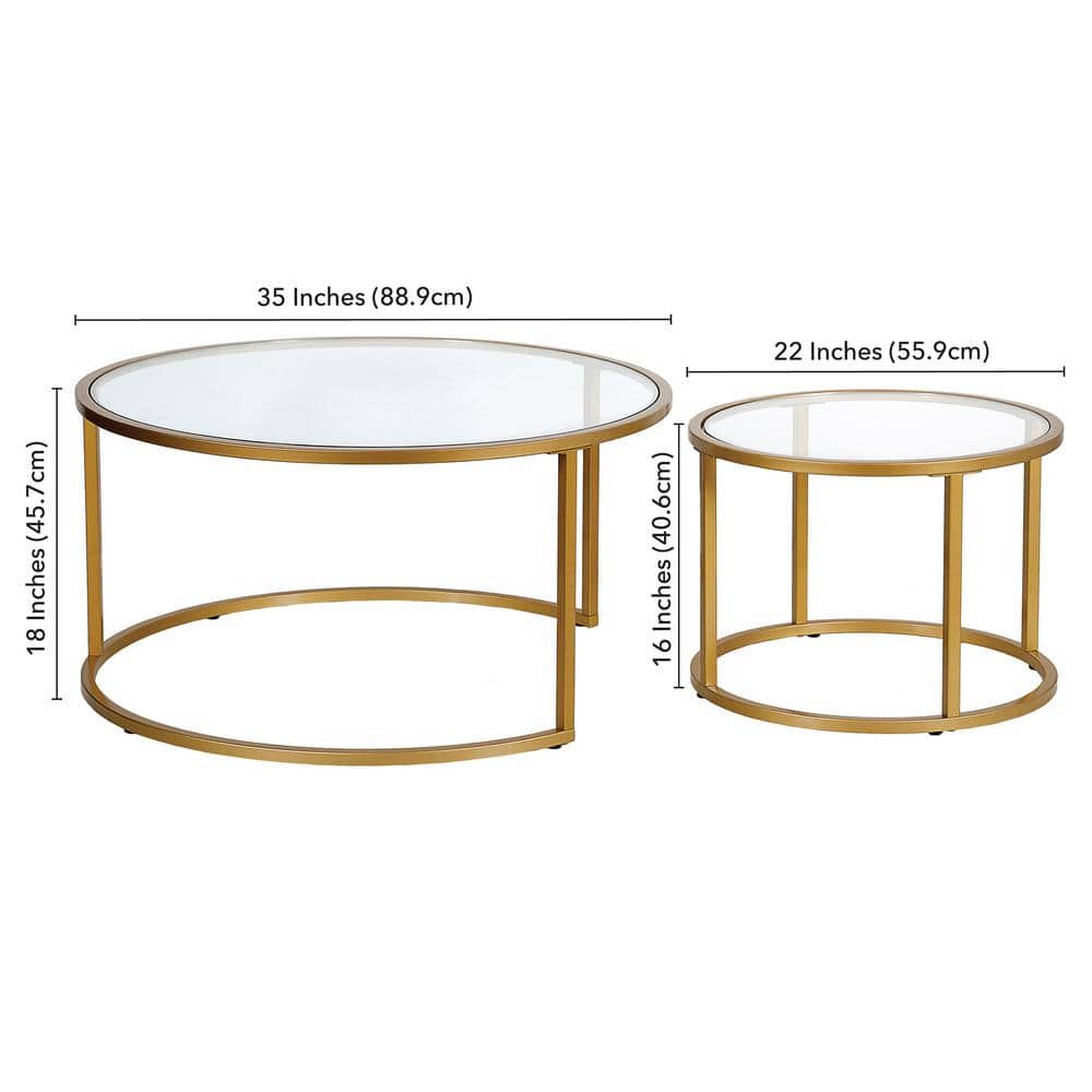 Round Brass and Glass Nesting Coffee Table Set
