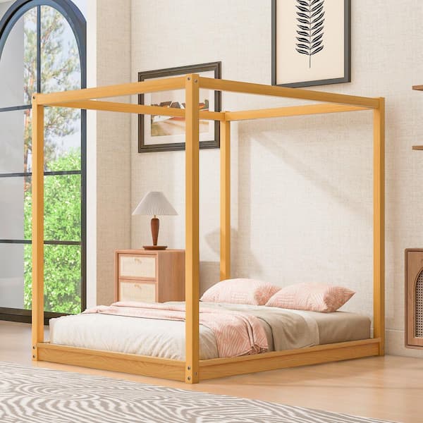 Natural Brown Wood Frame Queen Platform Bed with Support Legs