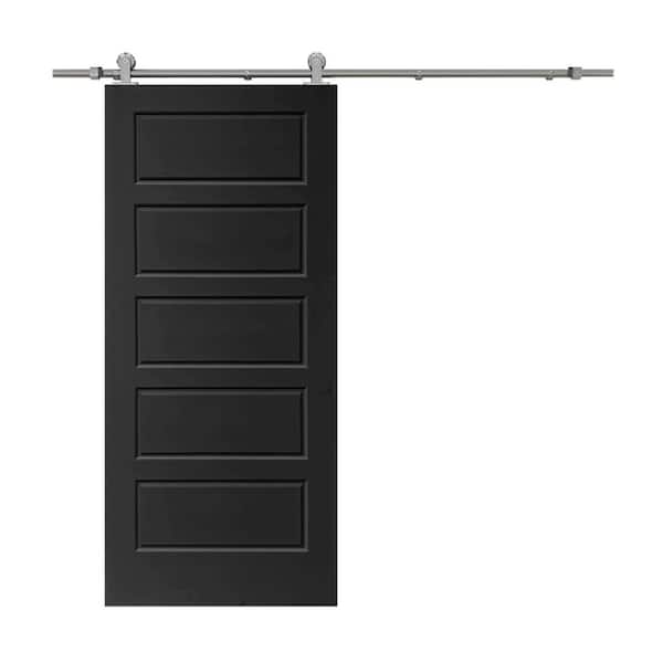 CALHOME 30 in. x 80 in. Black Stained Composite MDF 5 Panel Interior Sliding Barn Door with Hardware Kit