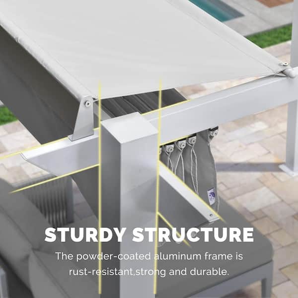 10 ft. x 10 ft. White Aluminum Frame Pergola with White Retractable Sun Shade Canopy Extra Roof and String Lights