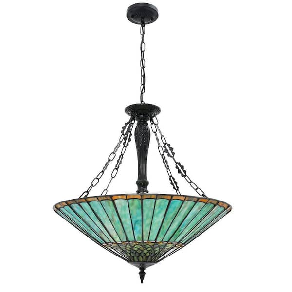 23.62 in. 5-Light Emerald Green Vintage Tiffany Shaded Pendant Light with Stained Glass Shade, No Bulbs Included