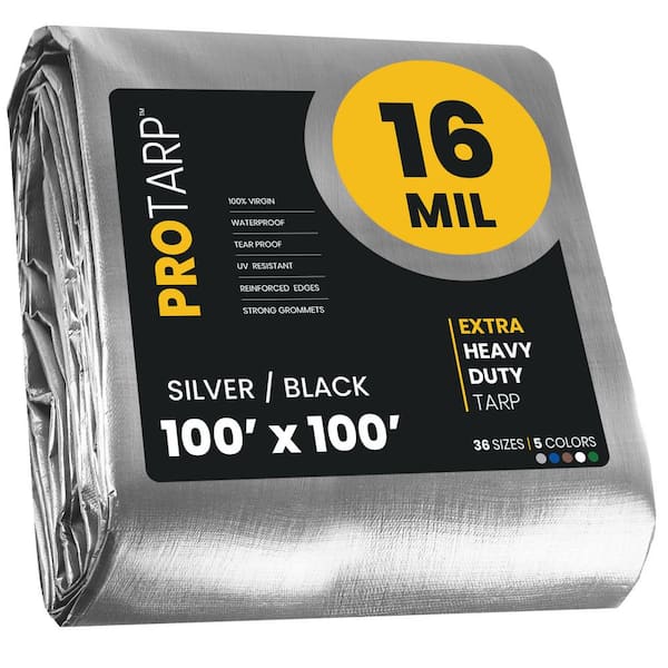 PROTARP 100 ft. x 100 ft. Silver/Black 16 Mil Heavy Duty Polyethylene Tarp, Waterproof, UV Resistant, Rip and Tear Proof