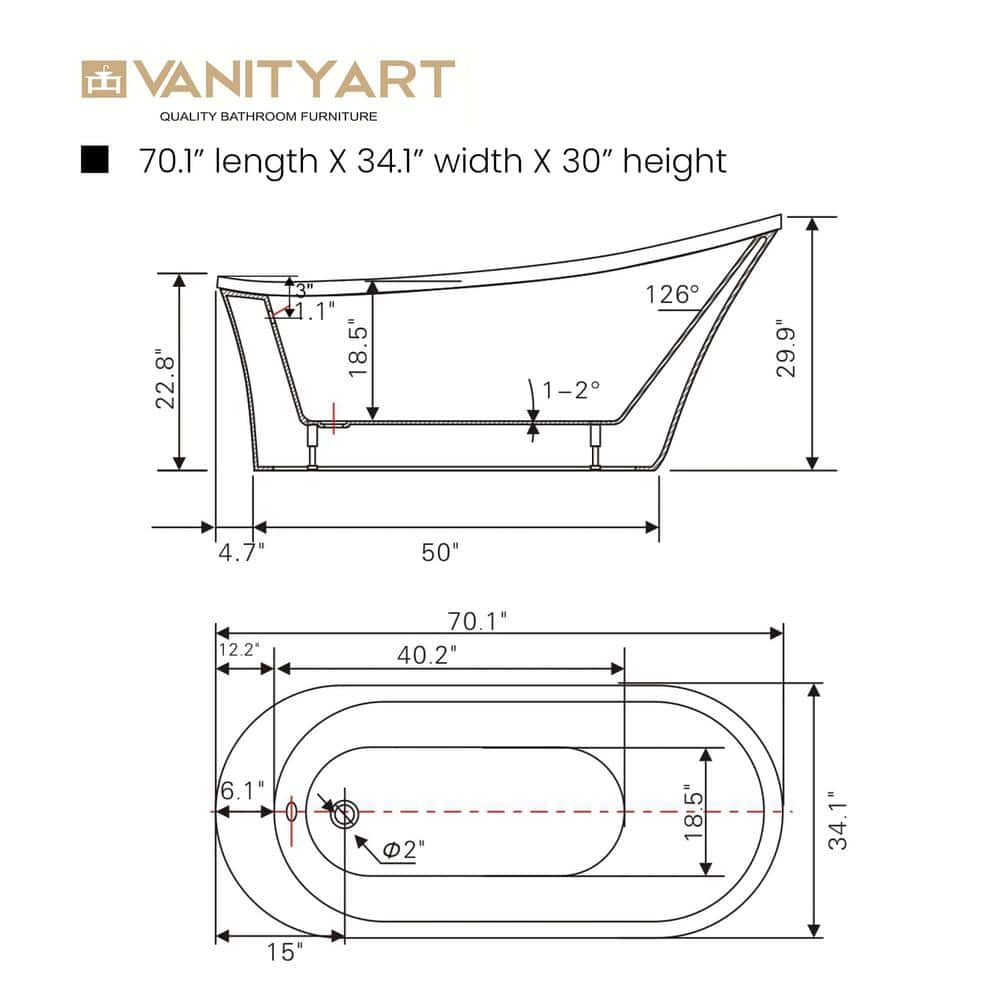 Vanity Art 70" White Acrylic Freestanding Soaking Bathtub