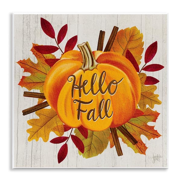 Stupell Industries Hello Fall Sentiment Pumpkin Autumn Tree Leaves by Jackie Quigley Unframed Graphic Country Art Print 12 in. x 12 in.