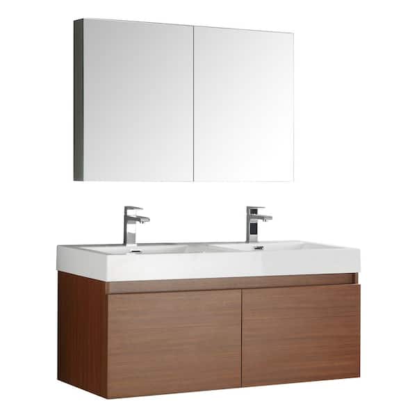 Fresca Mezzo 48 in. Vanity in Teak with Acrylic Vanity Top in White with White Basins and Mirrored Medicine Cabinet