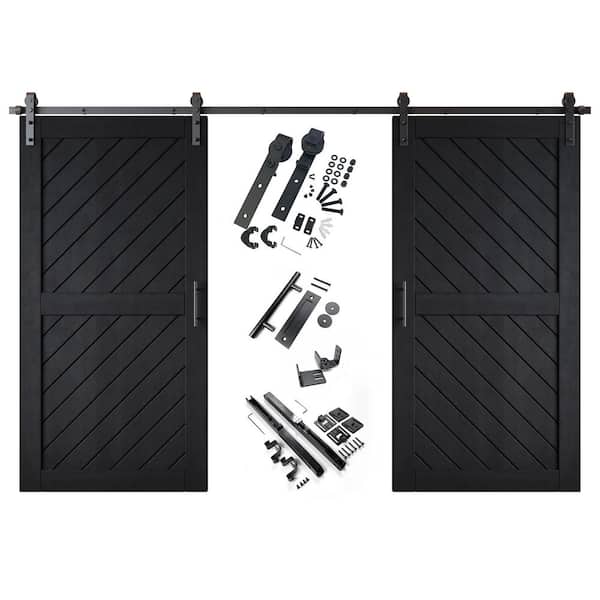 XT1 32 in. x 80 in. C-Panel Black Slanted Stripe Design Double Pine Wood Sliding Barn Door with Hardware Kit