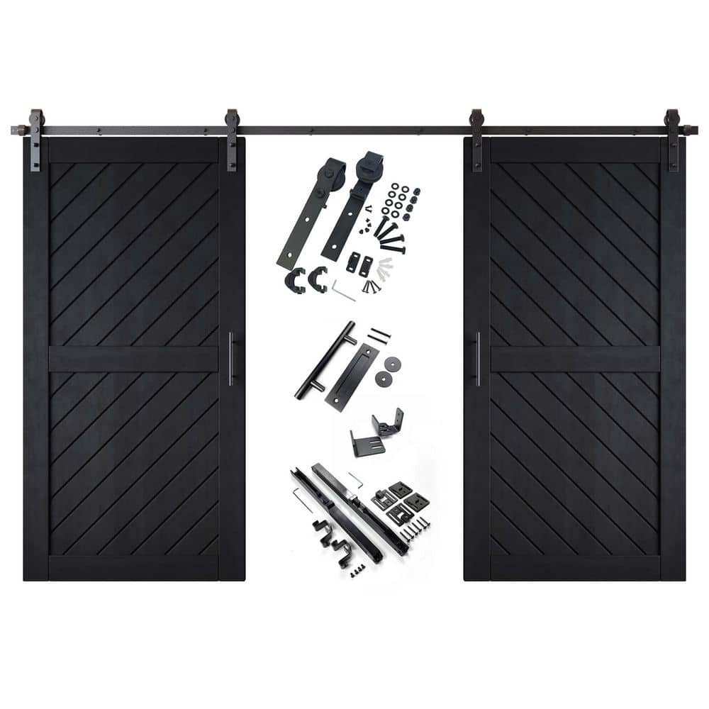 XT1 36 in. x 80 in. C-Panel Black Slanted Stripe Design Double Pine Wood Sliding Barn Door with Hardware Kit price history on PriceWatchPro