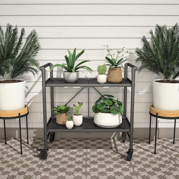 Cosco Outdoor and Indoor Folding Serving Cart with Wheels and 2 Shelves, Black