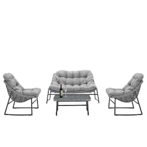 Gray 4-Piece Wicker and Metal Rectangular Outdoor Dining Set with Gray Cushions