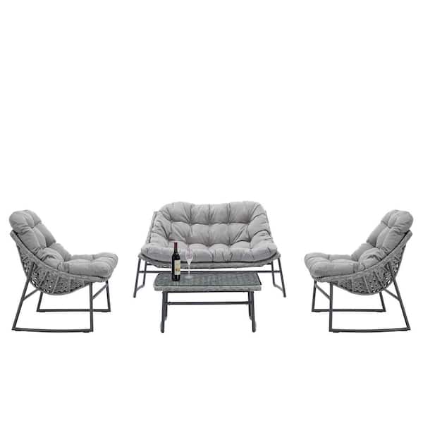Unbranded Gray 4-Piece Wicker and Metal Rectangular Outdoor Dining Set with Gray Cushions