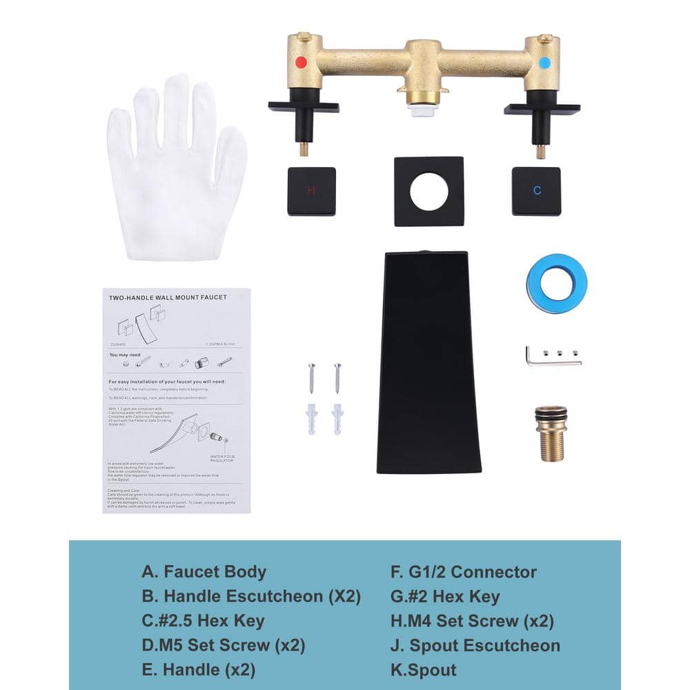 Matte Black Wall Mounted Dual Handle Waterfall Faucet