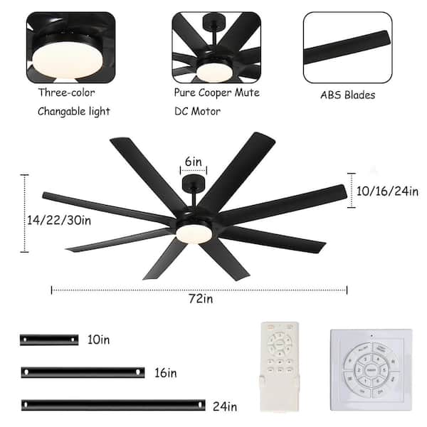 72 in. Indoor/Outdoor Large Industrial Black Ceiling Fan with light, Home or Commercial Fan for Porch Patios
