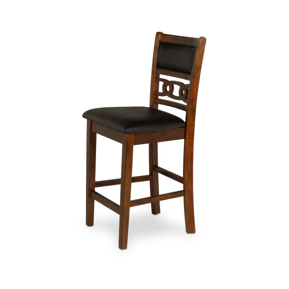 Brown Rubberwood Drop Leaf Counter Table Set with Black Upholstered Chairs