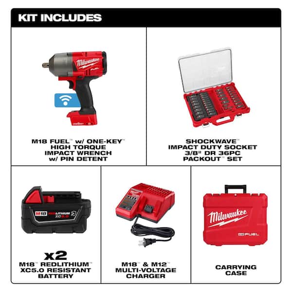 M18 FUEL ONE-KEY 18V Li-Ion Brushless Cordless 1/2 in. High-Torque Impact Wrench with Batteries & Impact Socket Set