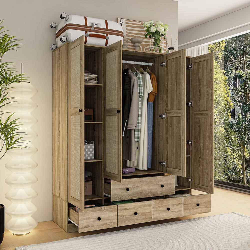 Brown Wood Grain 59 in. W Rattan Doors Design Armoires Wardrobe with 5-Drawers, 2-Hanging Rods (70.8 in. H x 18.8 in. D) - thumbnail 2