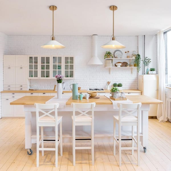 Modern Coastal Pendant Light 1-Light Matte White Island Hanging Ceiling Light with Geometric Bell Shade and Brass Accent