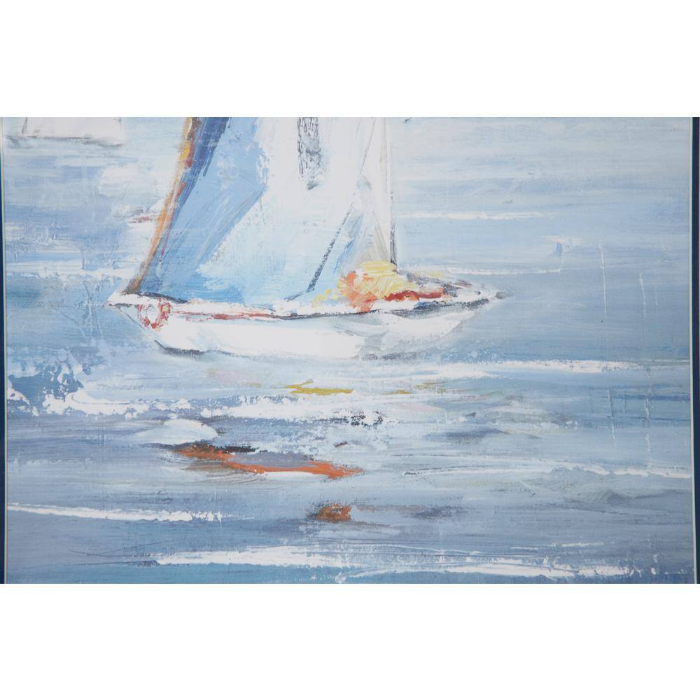 Blue Coastal Sailboat Painting Print in Dark Brown Wood Frame