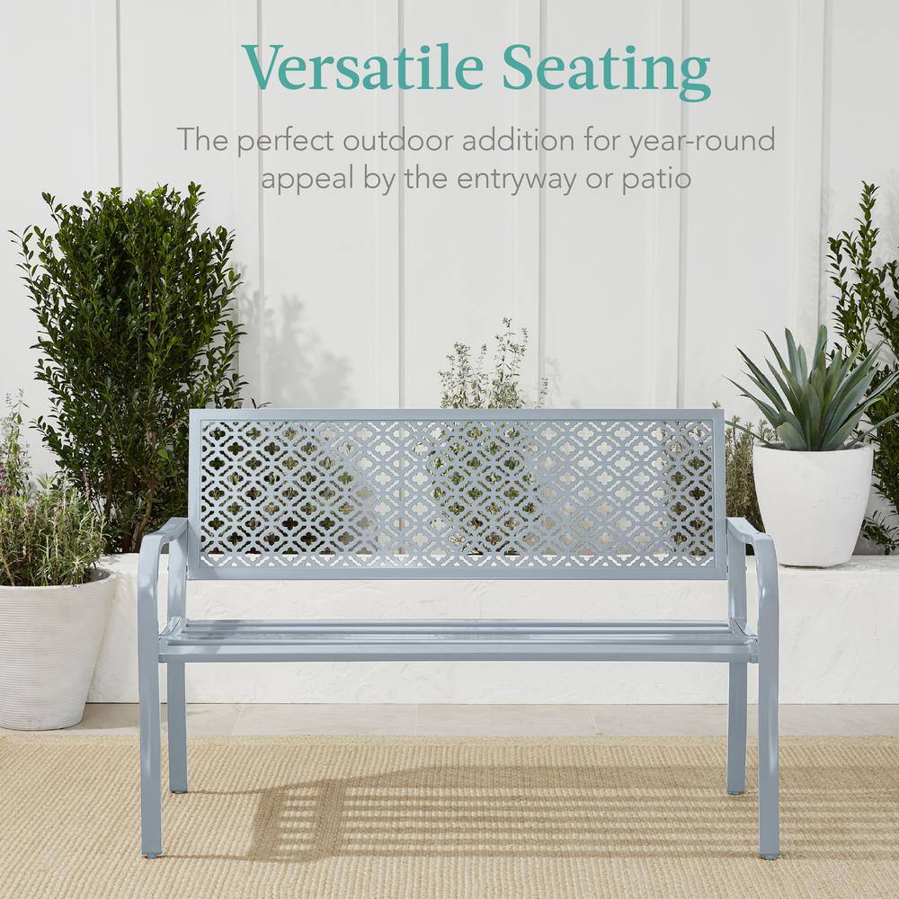 Light Gray Steel Garden Bench with Geometric Backrest