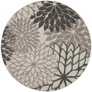 Aloha Gray 8 ft. x 8 ft. Round Floral Modern Indoor/Outdoor Patio Area Rug
