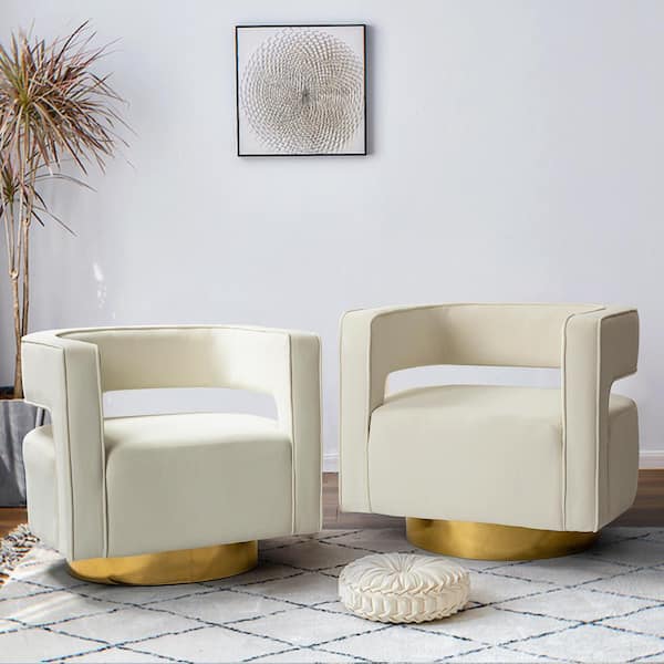 JAYDEN CREATION Bettina Contemporary Ivory Velvet Comfy Swivel Barrel Chair with Open Back and Metal Base (Set of 2)