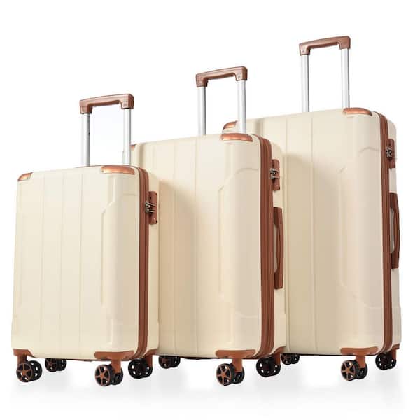 3 Bags 3-Piece White and Brown Expandable ABS Hardshell Spinner Luggage Set with TSA Lock, Reinforced Corner Bumpers