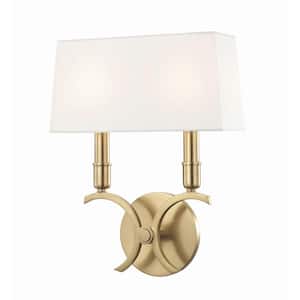 Gwen 2-Light Aged Brass Wall Sconce with White Linen Shade