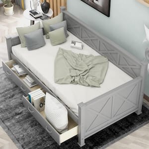 Gray Twin Size Daybed with 2-Large Drawers, X-Shaped Frame, Modern and Rustic Casual Style Daybed
