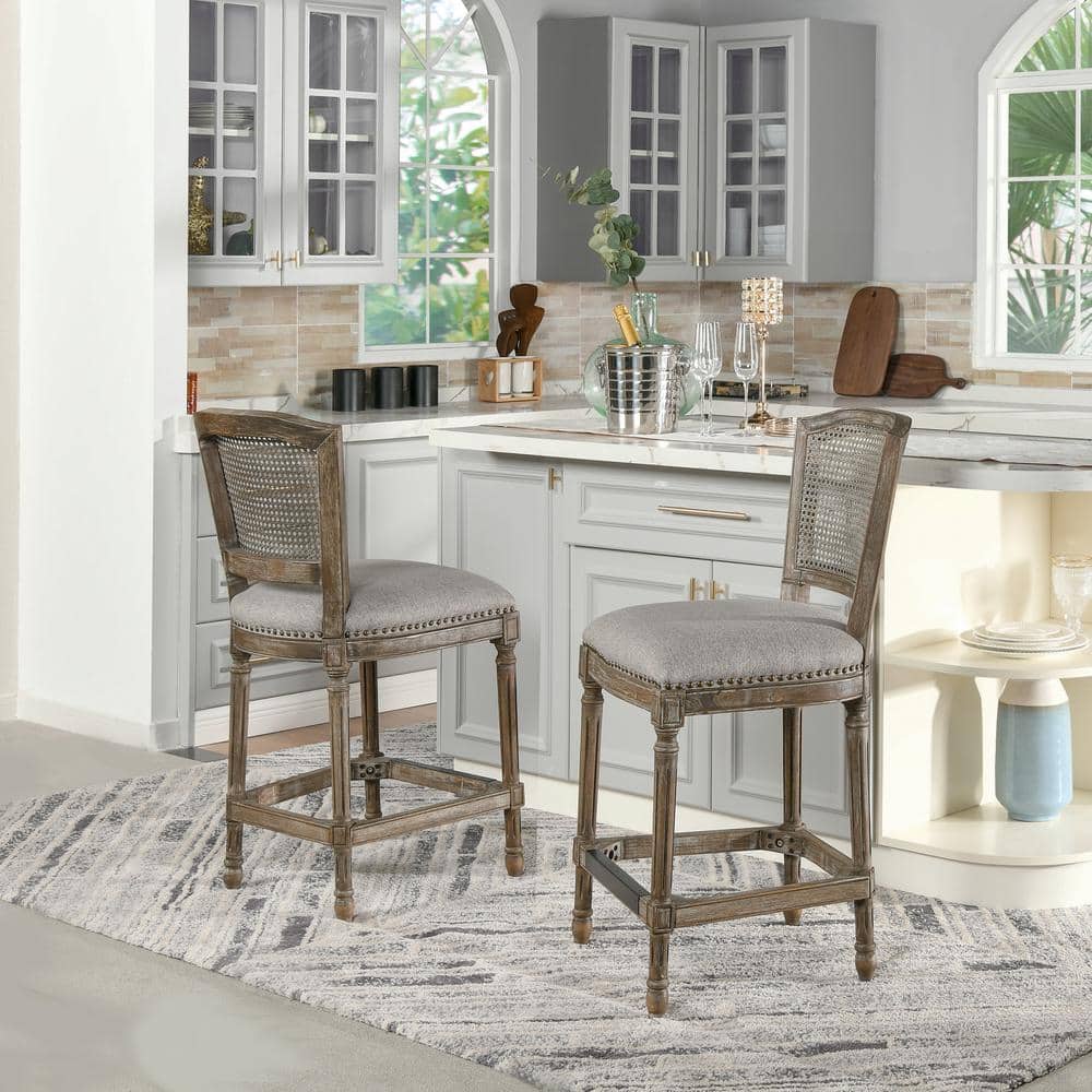 Triomphe Dark Heathered Grey Linen and Oak Wood Counter Stool
