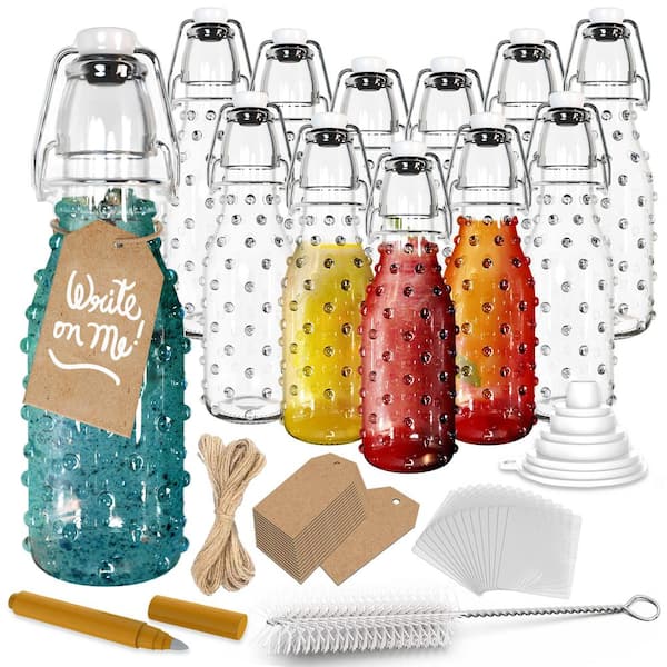 8.5 oz. Dotted Round Swing Top Glass Bottles with Funnel, Bottle Brush, Tags, Shrink Wrap (Set of 12)