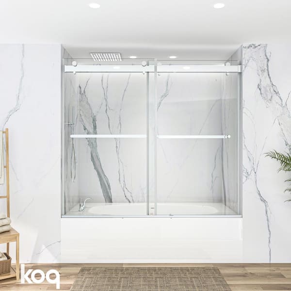 60 in. W x 60 in. H Soft Closing Double Sliding Frameless Tub Door in Chrome Finish with 3/8 in. Clear Tempered Glass