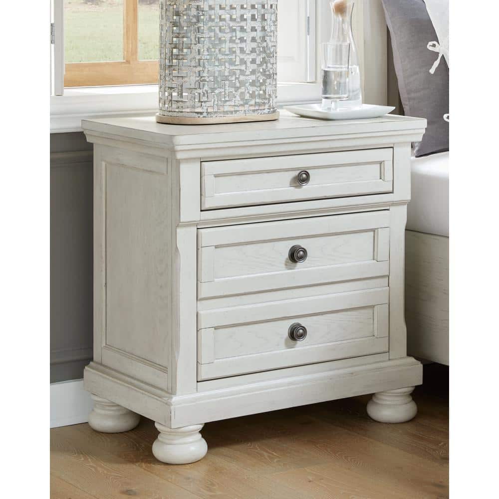 Elegant Antiqued White 2-Drawer Nightstand with Bronze-Tone Hardware