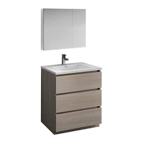 Lazzaro 30 in. Modern Bathroom Vanity in Gray Wood with Vanity Top in White with White Basin and Medicine Cabinet